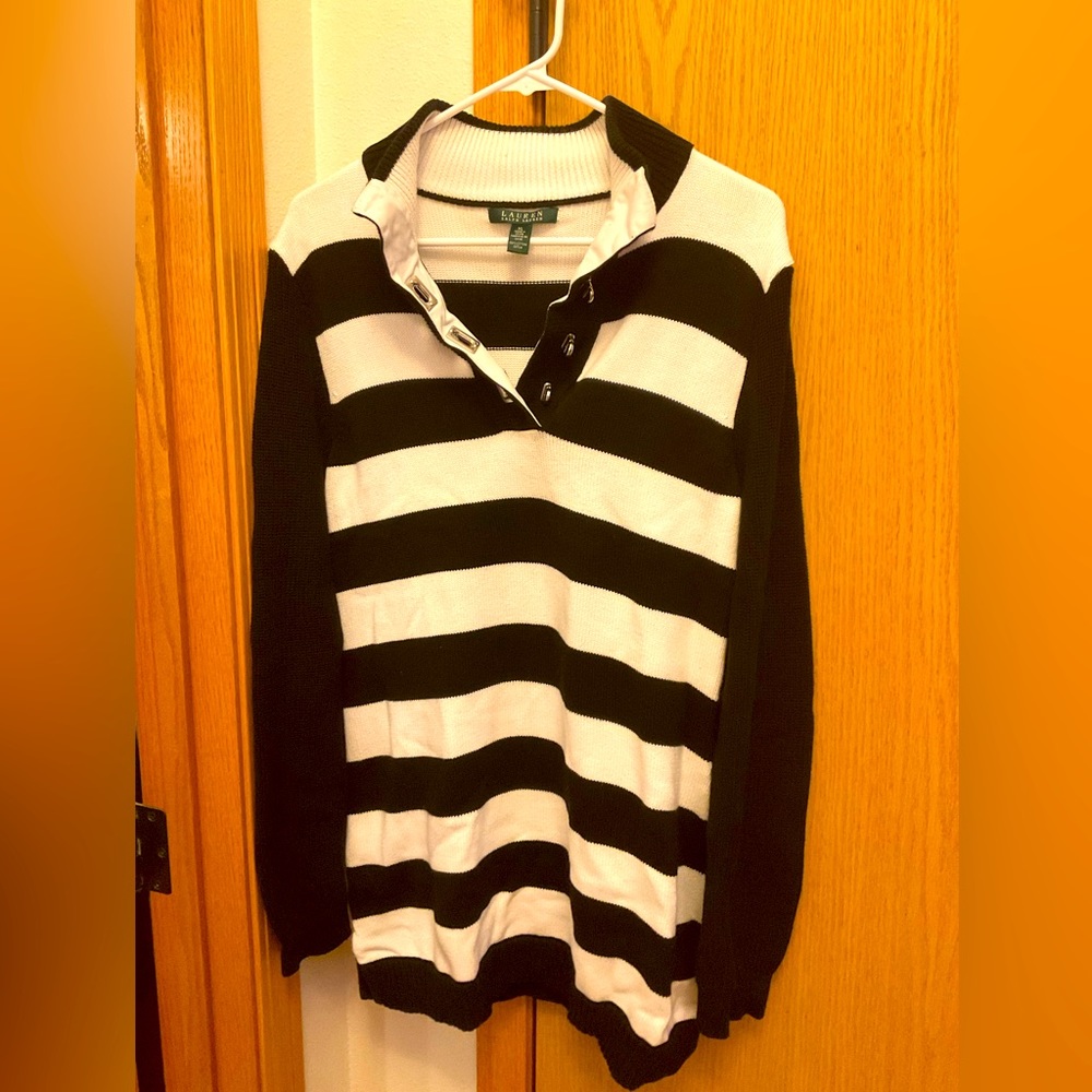 Lauren Ralph Lauren women’s sweater black white stripe silver toggle detail xl